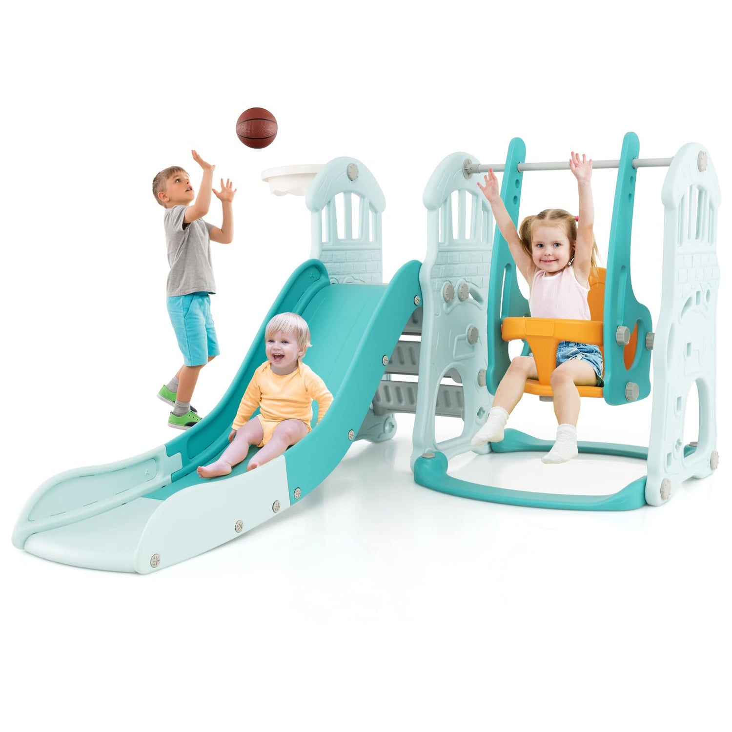 GYMAX Toddler Swing and Slide Set, 4-in-1 Children Climber and Swing Set
