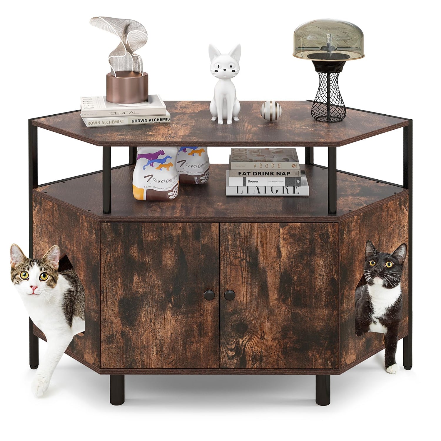 GYMAX Corner Cat Litter Box Enclosure, Wooden Pet Cabinet Furniture with Open Shelf, 2 Entrances