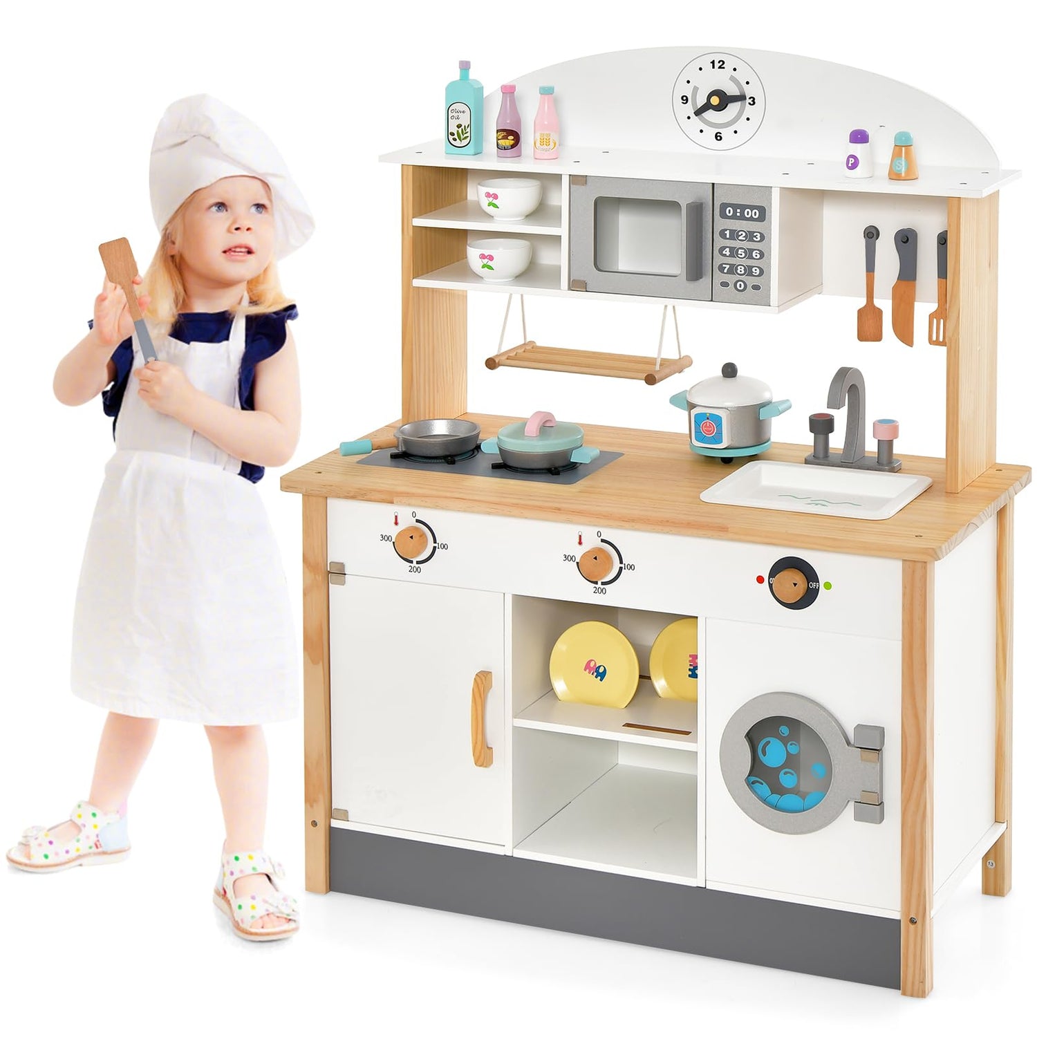 Wooden Kids Play Kitchen, Chef Pretend Toy Kitchen with Clock