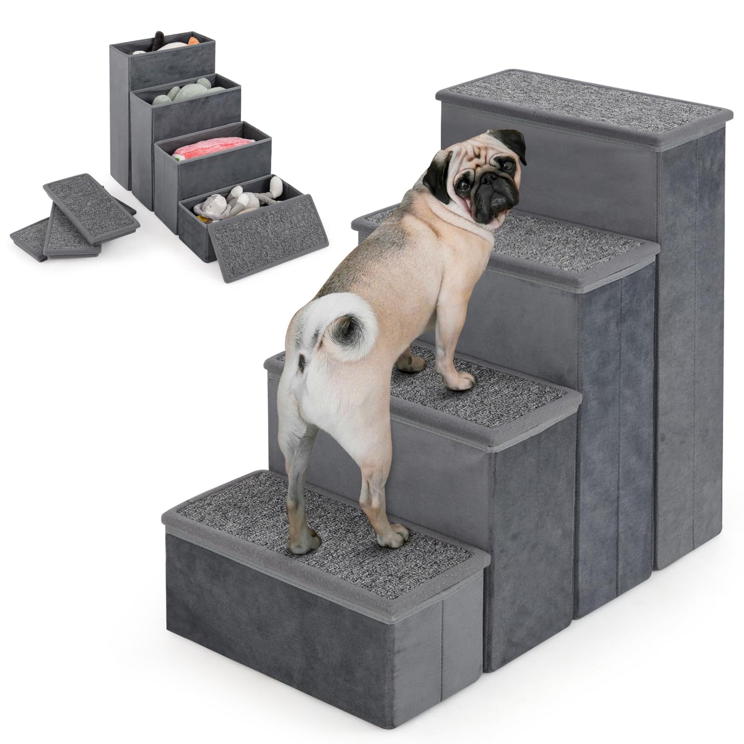 GYMAX 4 Steps Non-slip Foldable Pet Stairs with Storage Box