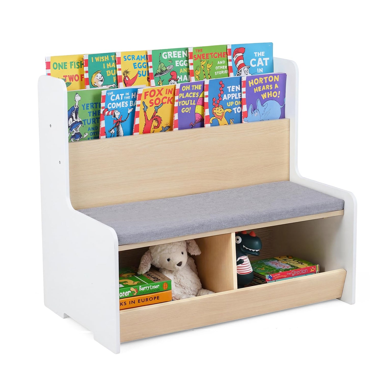 Kids Toy Storage Unit with Bench, Wooden Children Bookcase with 2 Cubbies