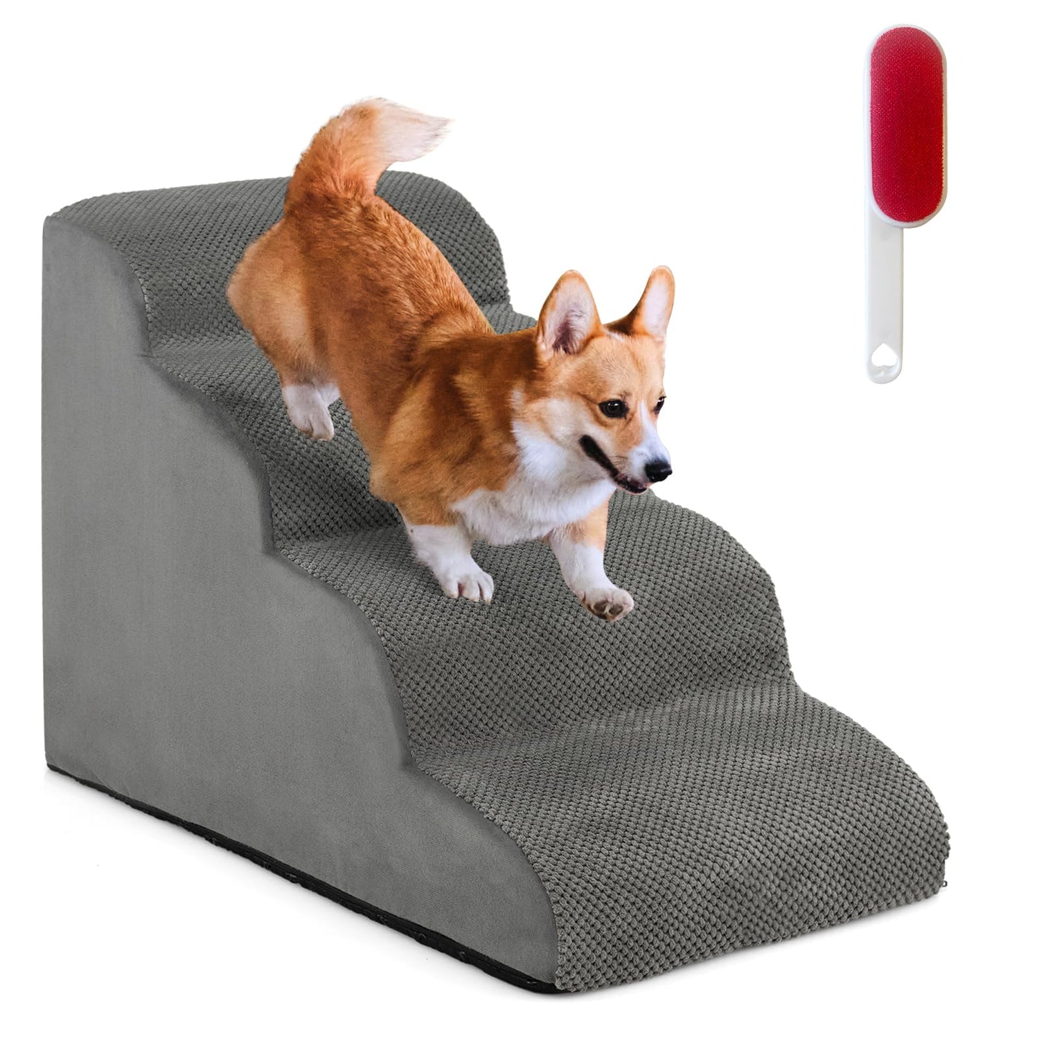 GYMAX 4 Steps Dog Stairs Non-Slip Pet Ladder with Removable Cover Gray