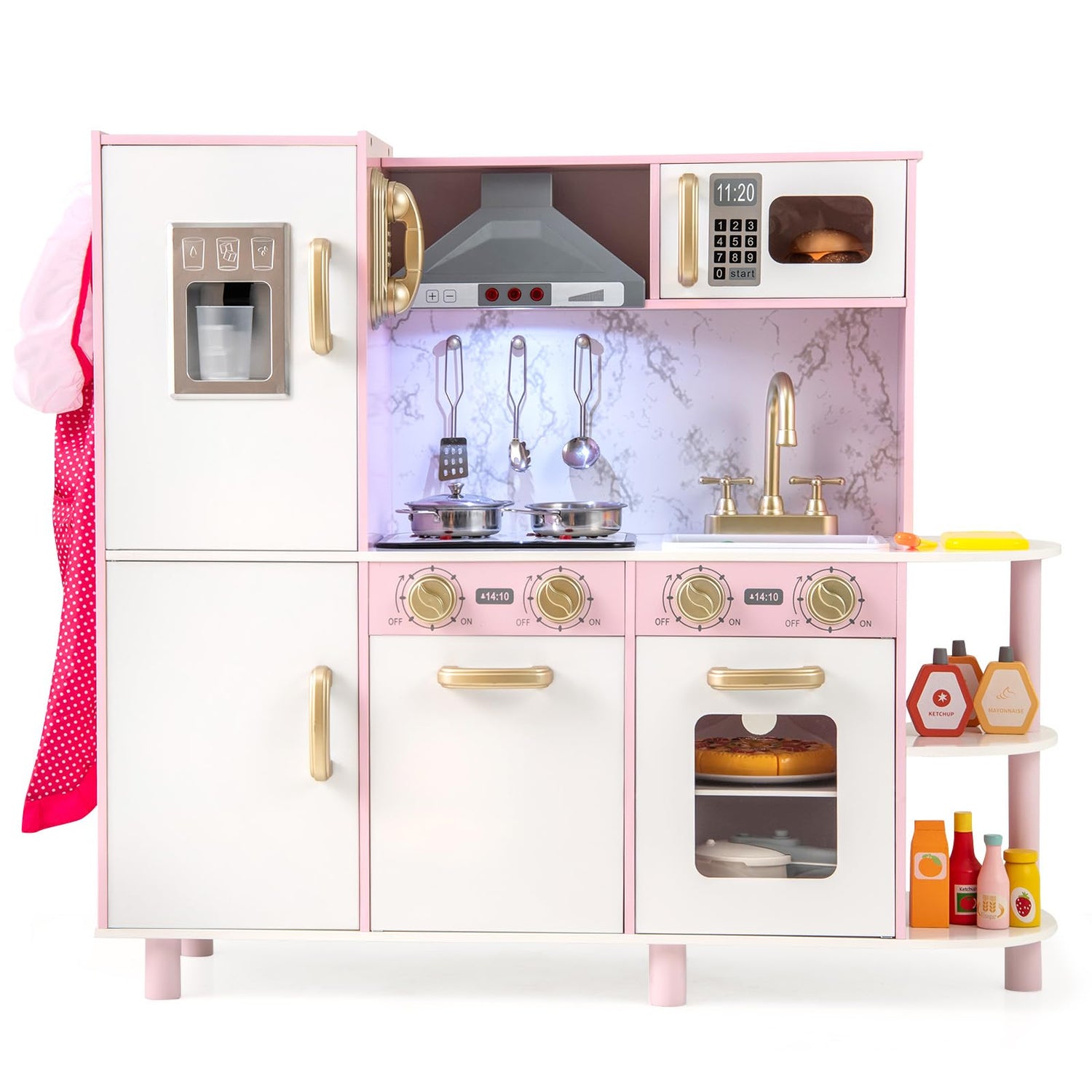 Kids Kitchen Playset Pretend Wooden Play Kitchen with Apron for 3+ Years Old
