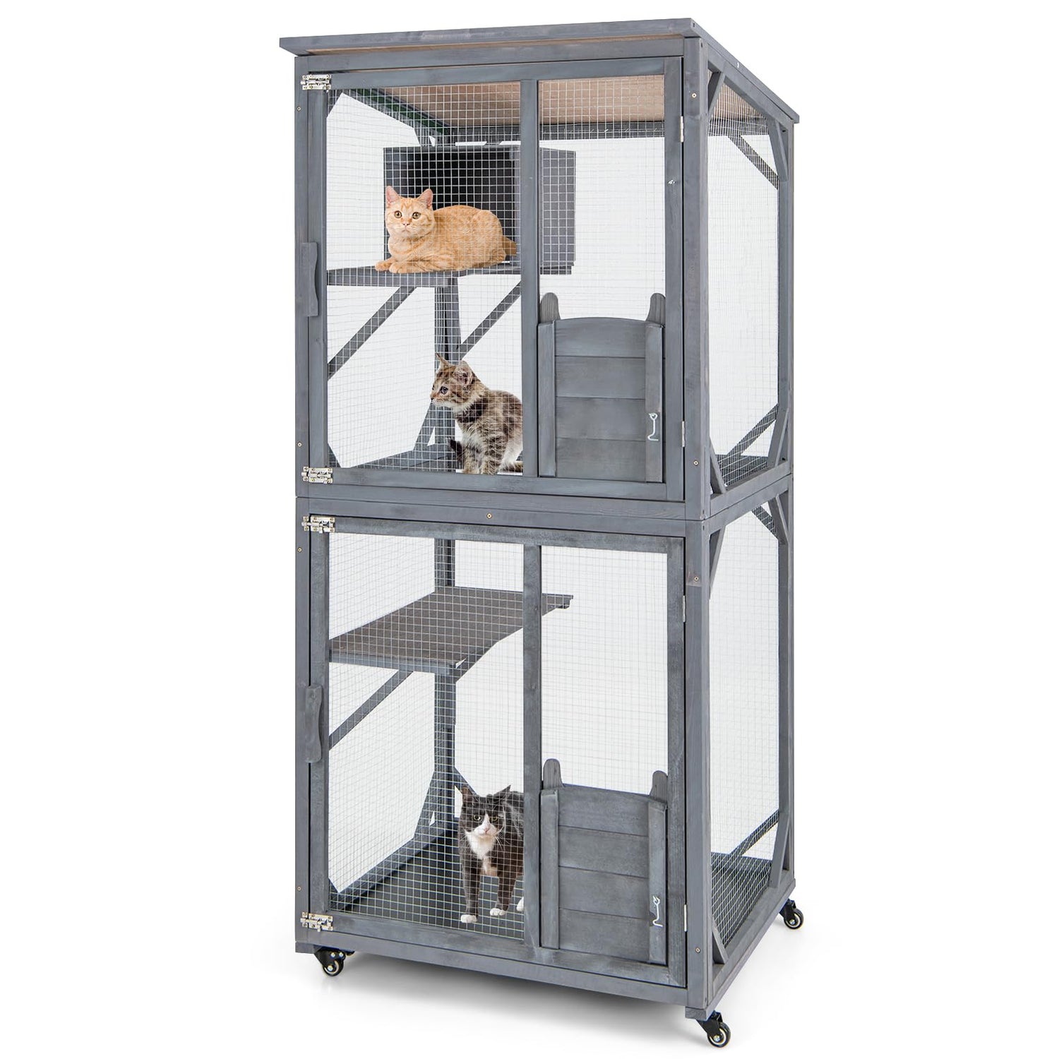 GYMAX Large Cat House, Wooden Cat Enclosure on Wheels