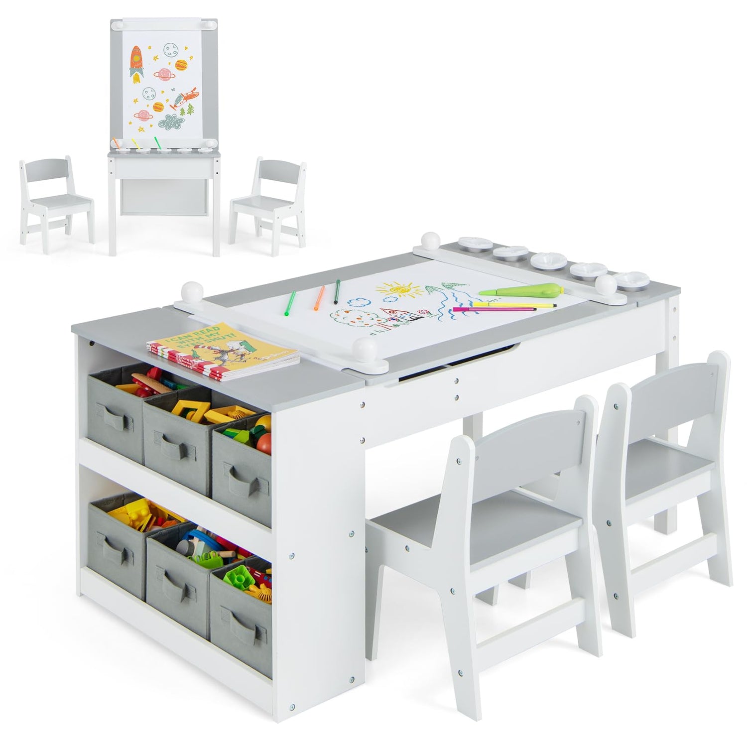 GYMAX 2 in 1 Kids Table and Chairs Set, Wooden Children Art Table with 2 Chairs