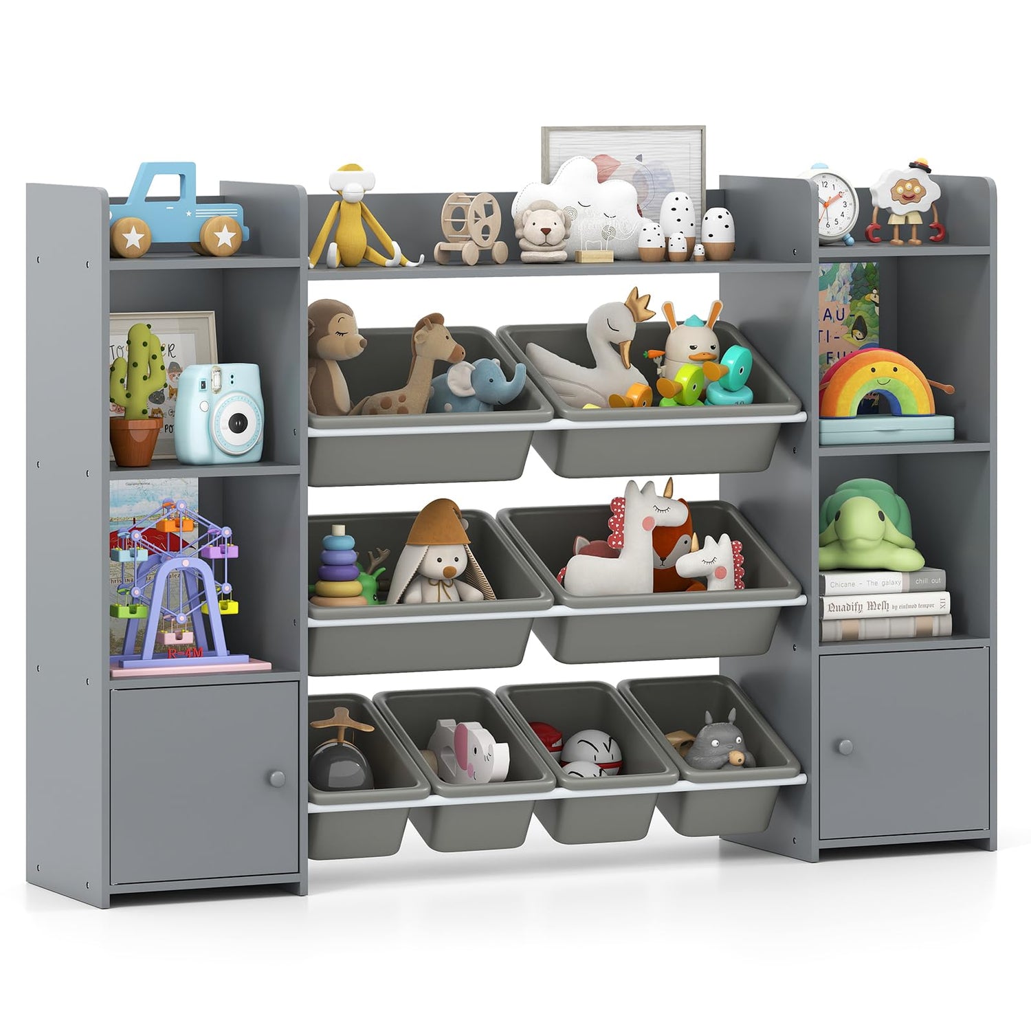 142 cm Large Toy Storage Organizer with 8 Removable Bins and Bookshelf