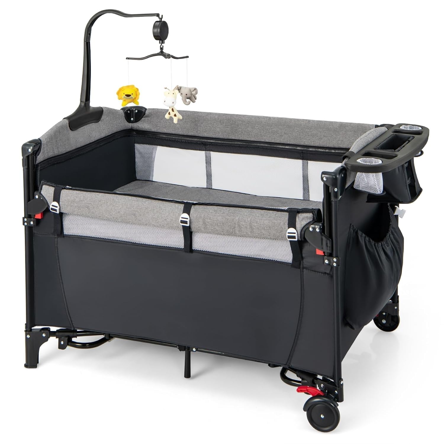 GYMAX 5 in 1 Folding Travel Cot, Portable Baby Bed Playard with Diaper Changer, Music Box, Mattress