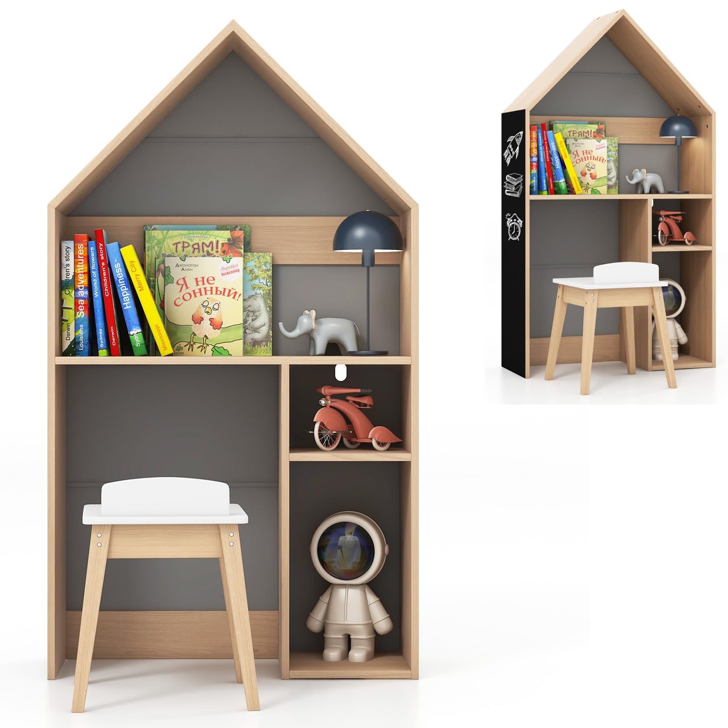 GYMAX Kids Desk and Chair Set, Wooden Toy Storage Organizer