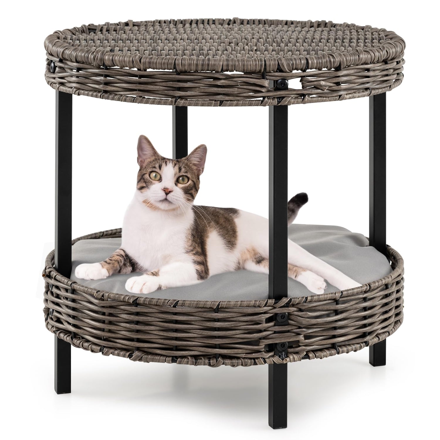 2-tier Rattan Cat Nest Wicker Kitten House Indoor and Outdoor Elevated Pet Shelter