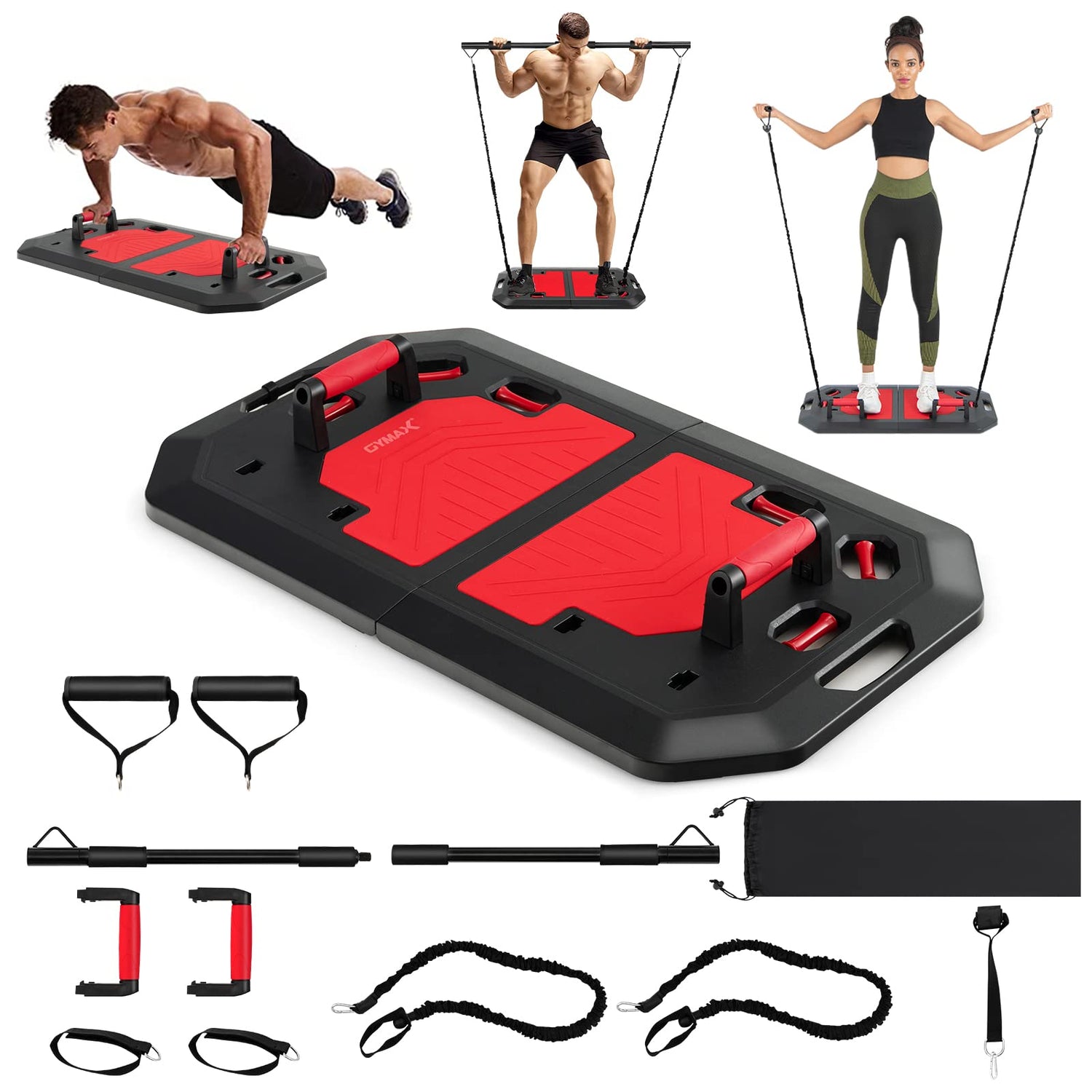 GYMAX Portable Home Gym Equipment, Foldable Push Up Board with Resistance Bands