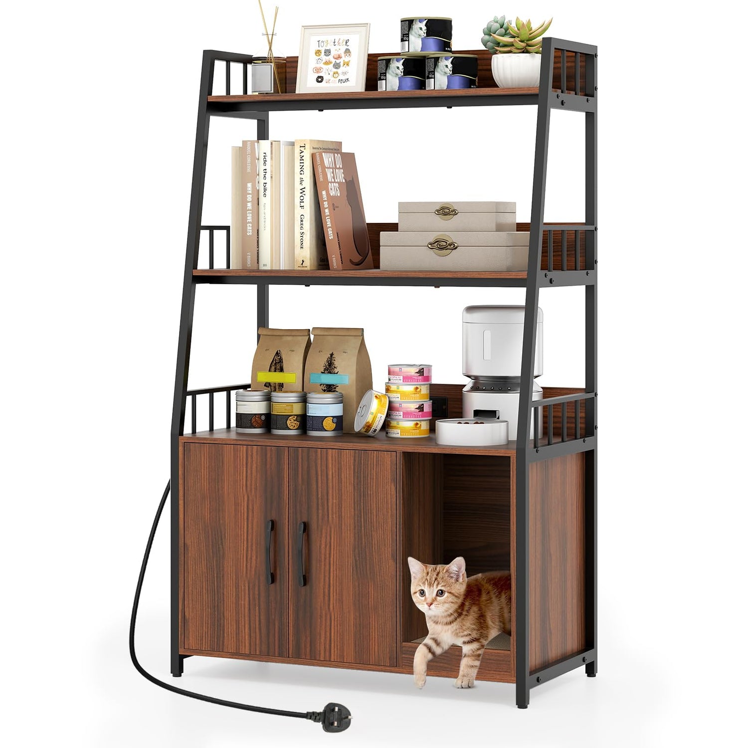 GYMAX Hidden Cat Litter Box Enclosure, Cat Washroom Cabinet with 3-Tier Shelves