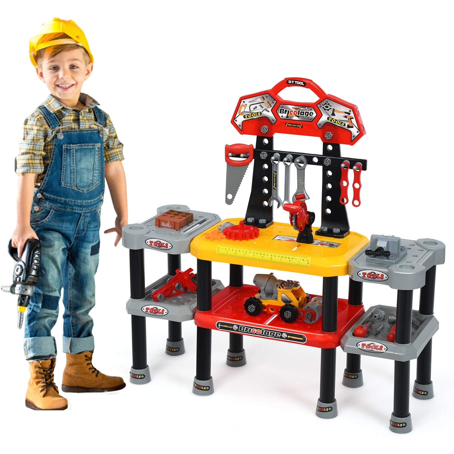 GYMAX Kids Workbench with Tools, 121 Pieces Children Tool set and Bench, 2-Tier Pretend Play Work Bench for 3 Years Old + Gift
