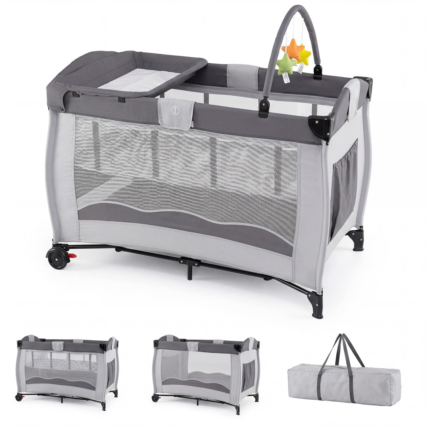 4 in 1 Travel Cot, Portable Baby Crib Bassinet with Diaper Changing Table
