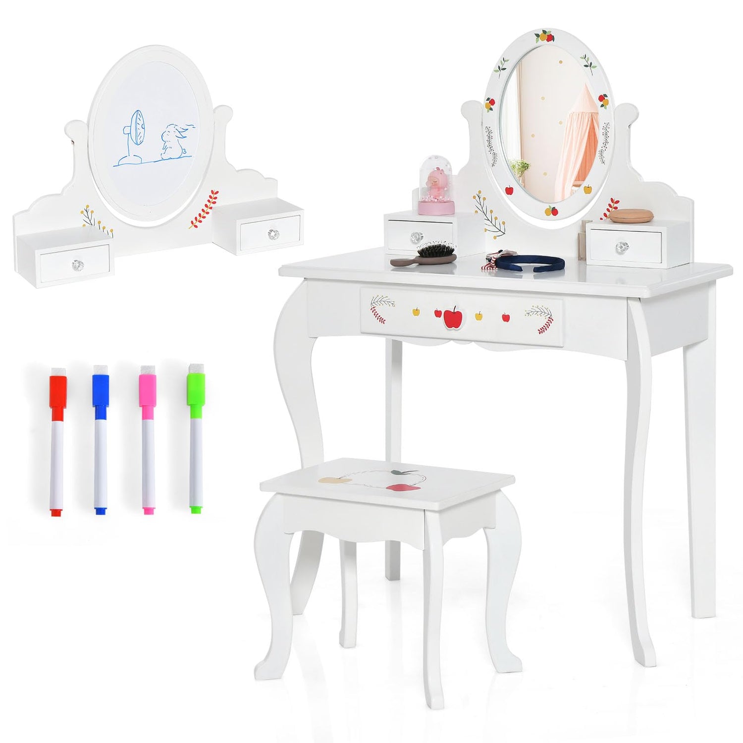 GYMAX Kids Vanity Table and Stool Set, Children Dressing Desk with 360°Rotatable Mirror/Whiteboard & Drawers