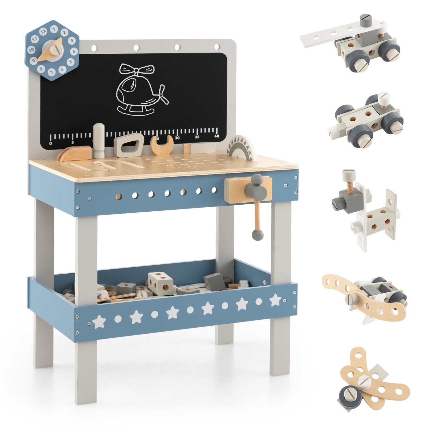 Kids Wooden Play Workbench with Blackboard and Tool Parts Set