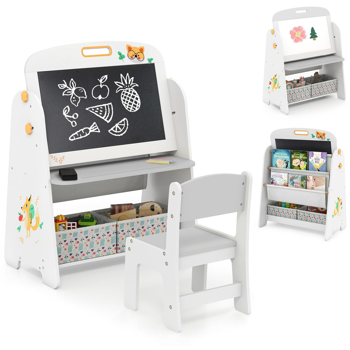 4-in-1 Art Easel and Bookshelf with Magnetic Whiteboard and Blackboard