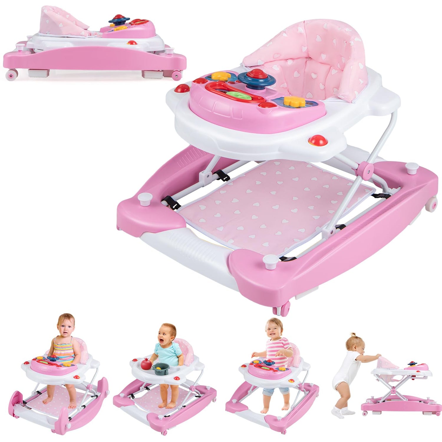 GYMAX Baby Walker, 6 in 1 Foldable Toddler Push Along Walker with Wheels, Music Tray, Lights and Rocker Mode