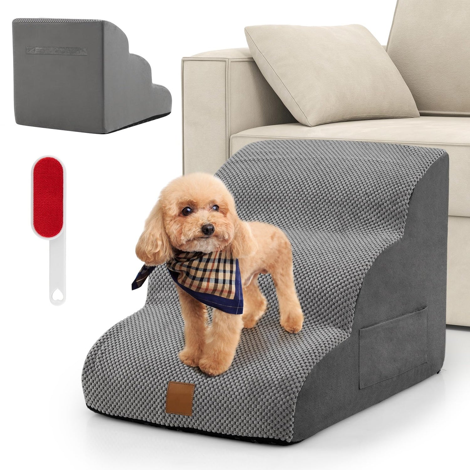 3 Tiers Dog Ladder with Removable Cover and Non-Slip Bottom