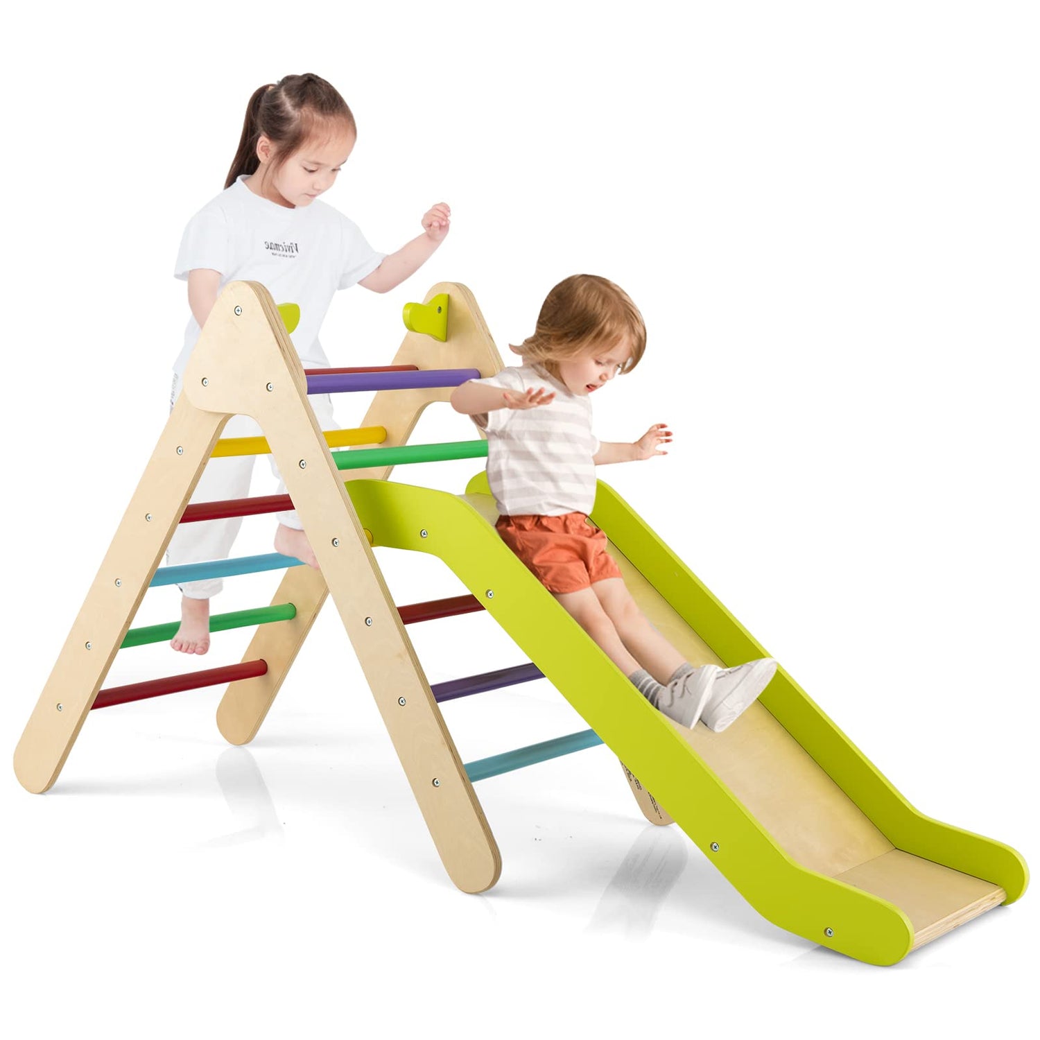 GYMAX 2 in 1 Kids Climbing Set, Wooden Toddler Climber with Slide, Outdoor Indoor Montessori Climbing Toys