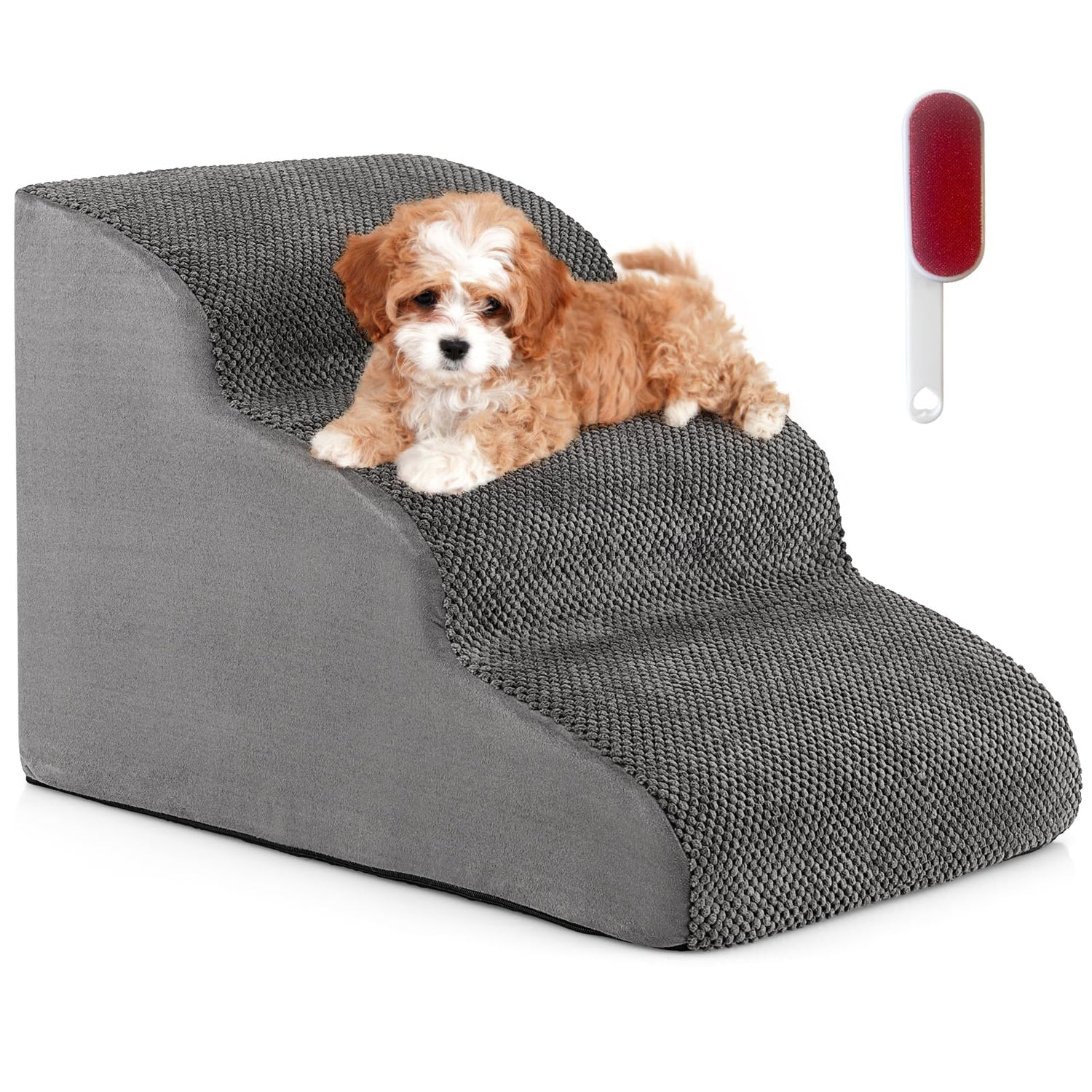 GYMAX 3 Steps Dog Stairs Non-Slip Pet Ladder with Removable Cover