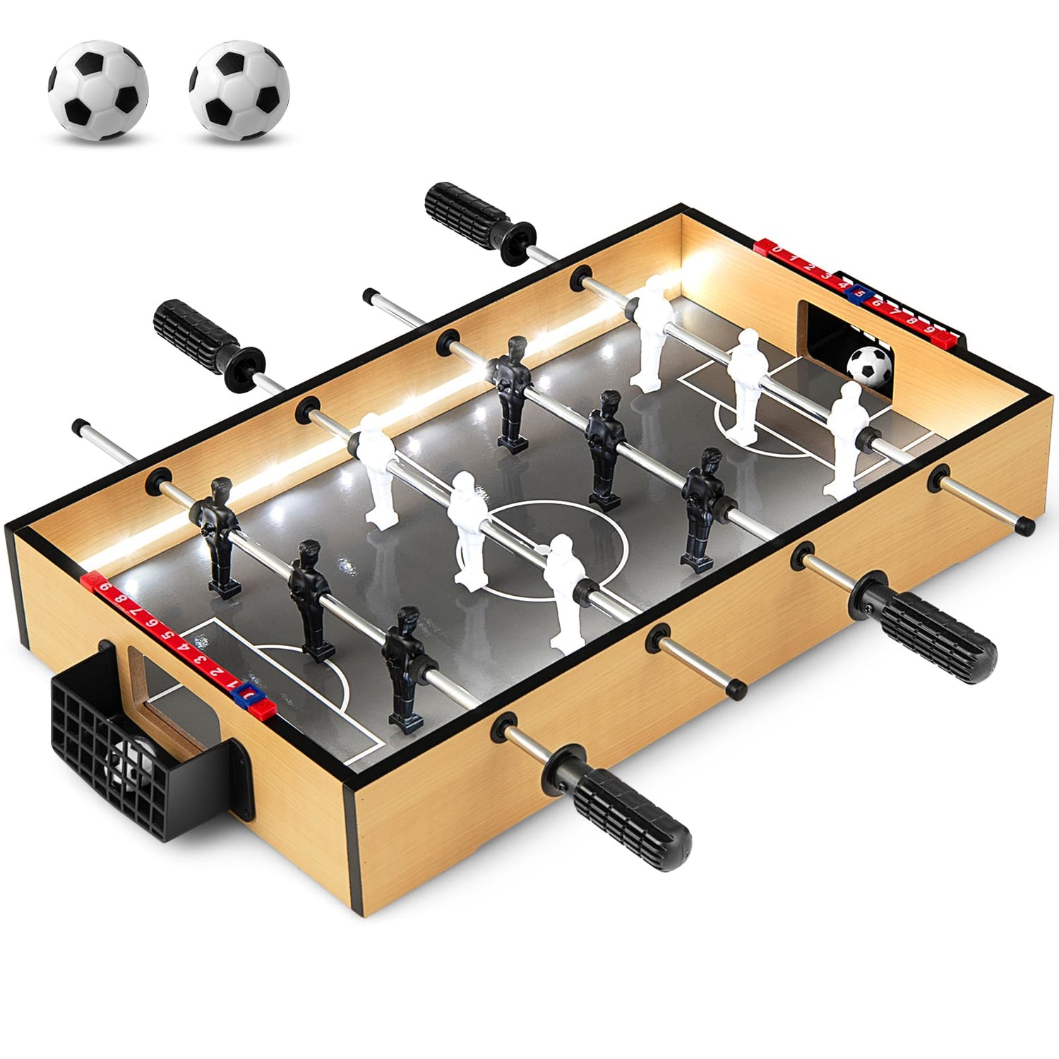 GYMAX Table Top Football Game, 20’’ Wooden Foosball Table with LED Lights, 12 Football Players