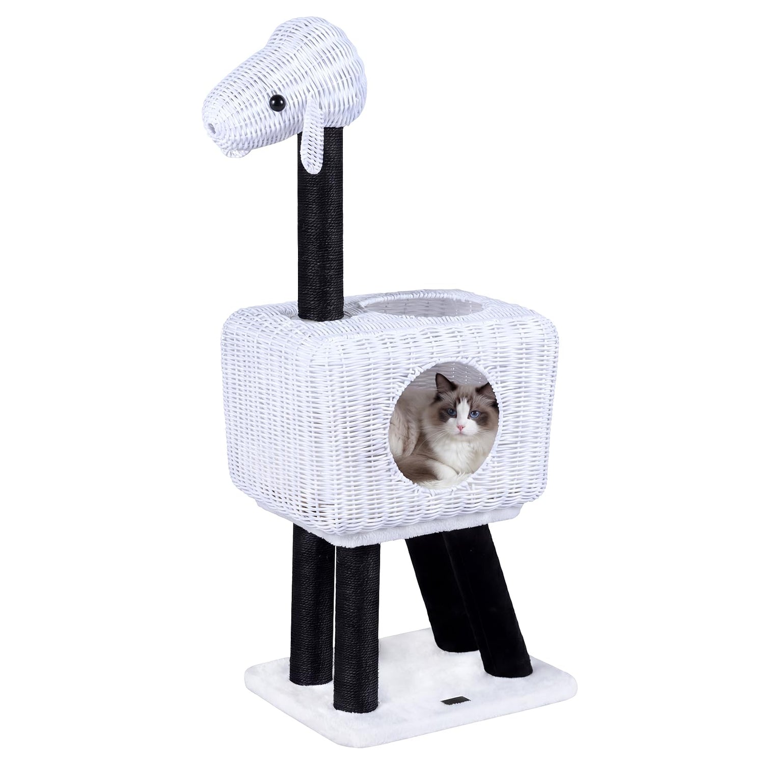 Cat Tree, 110cm Lamb-Shaped Cat Tower with 2-Door Rattan Condo