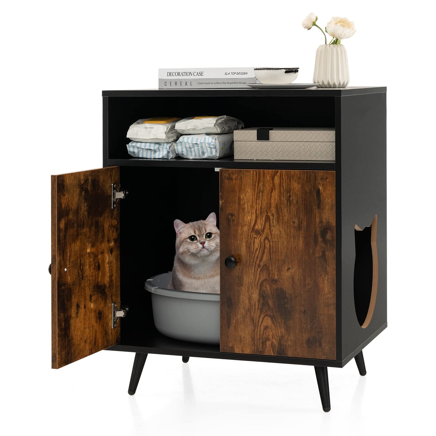 Cat Litter Box Enclosure, Wooden Hidden Kitty Washroom with Shelves