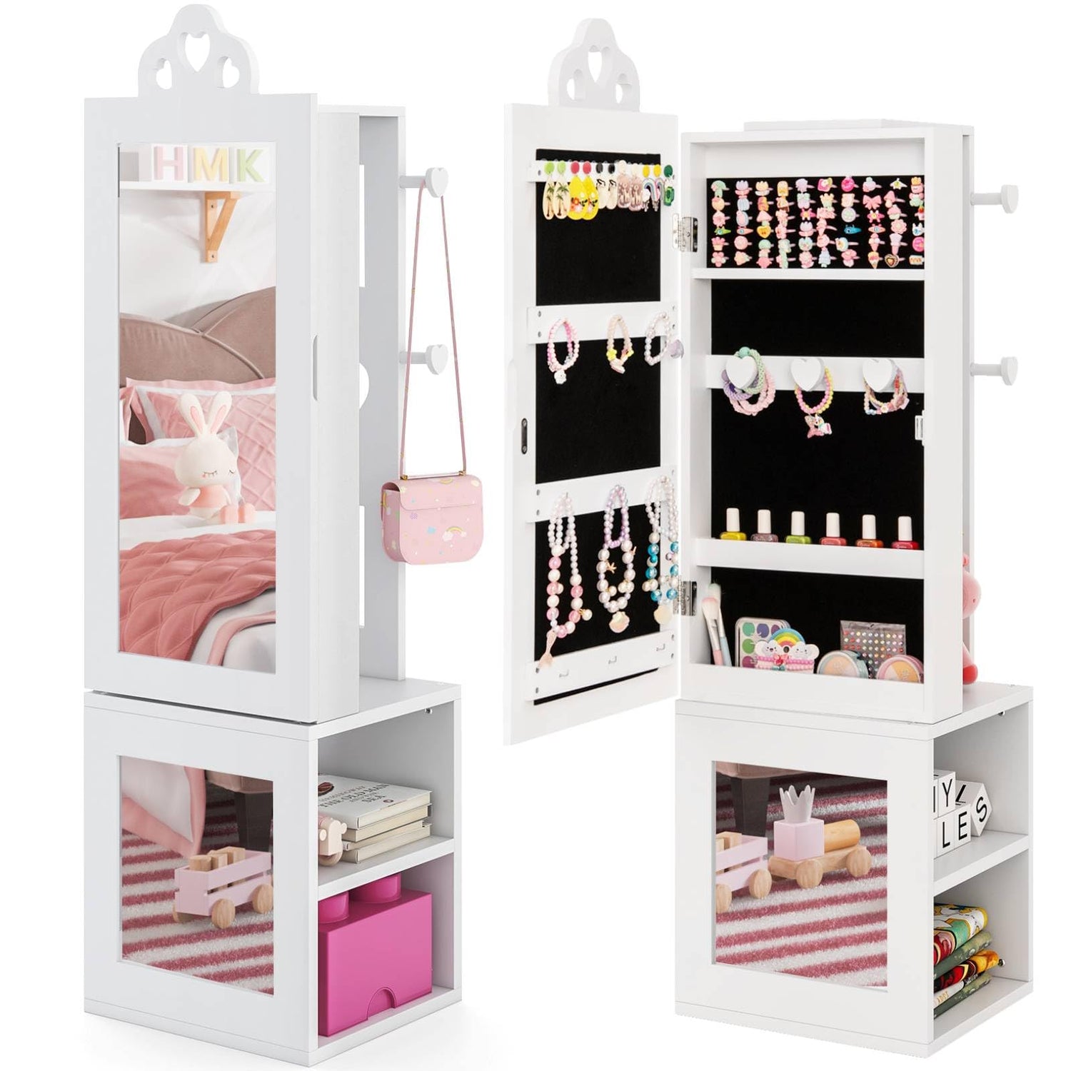 GYMAX Kids Jewelry Cabinet, 3 in 1 Girls Jewelry Organizer with Full-Length Mirror