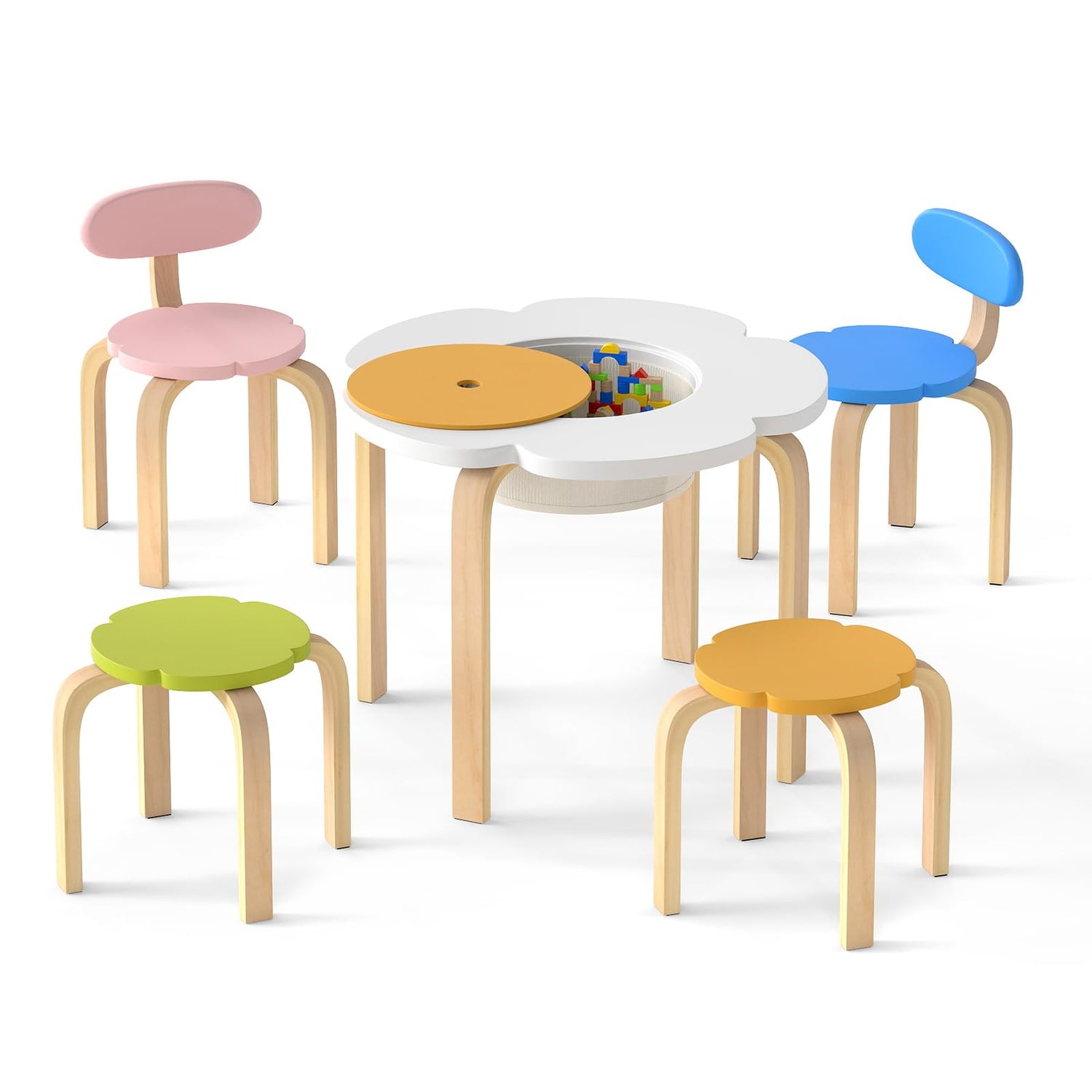 Flower-shaped Children Table Set Wooden Play and Activity Table with 2 Colorful Chairs and Stools-Multicolor