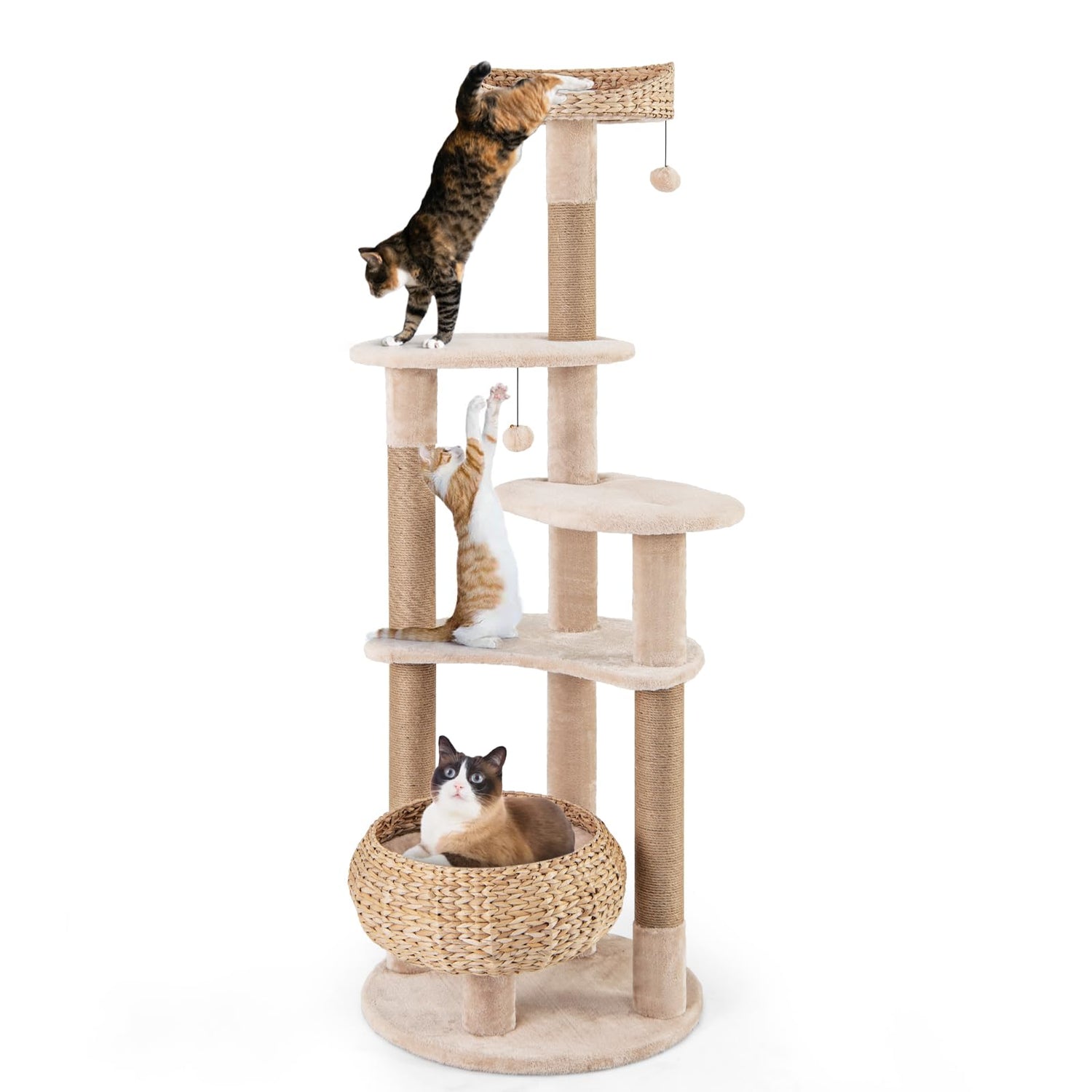 164 cm Cat Tree with Jute Scratching Posts and Dangling Balls