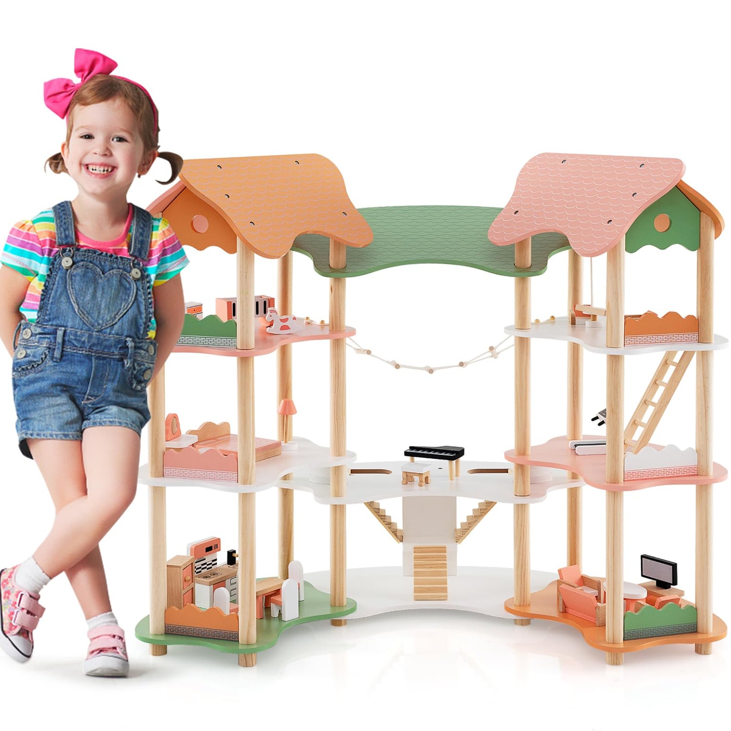 GYMAX Kids Dollhouse, 3-Storey Wooden Dolls House with 7 Simulated Rooms & 33pcs Furniture Accessories