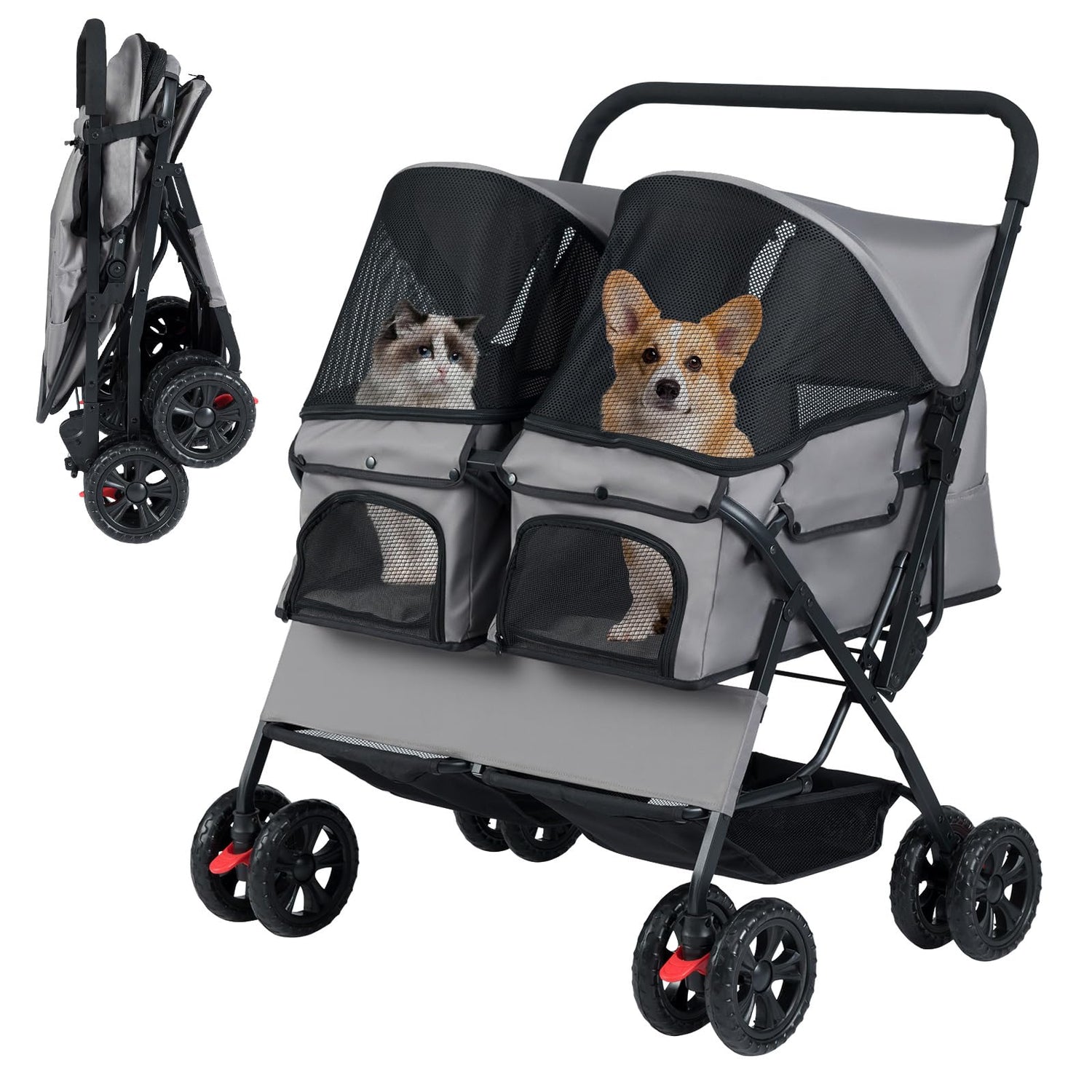 Double Pet Stroller, Foldable Dog Travel Pushchair Cat Buggy with 2 Carriers