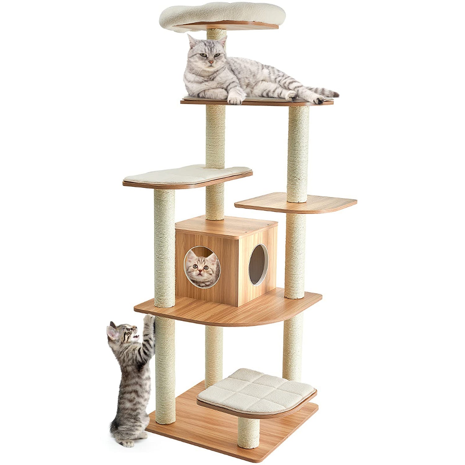 GYMAX Wooden Cat TreeTall Indoor Plush Cat Tower