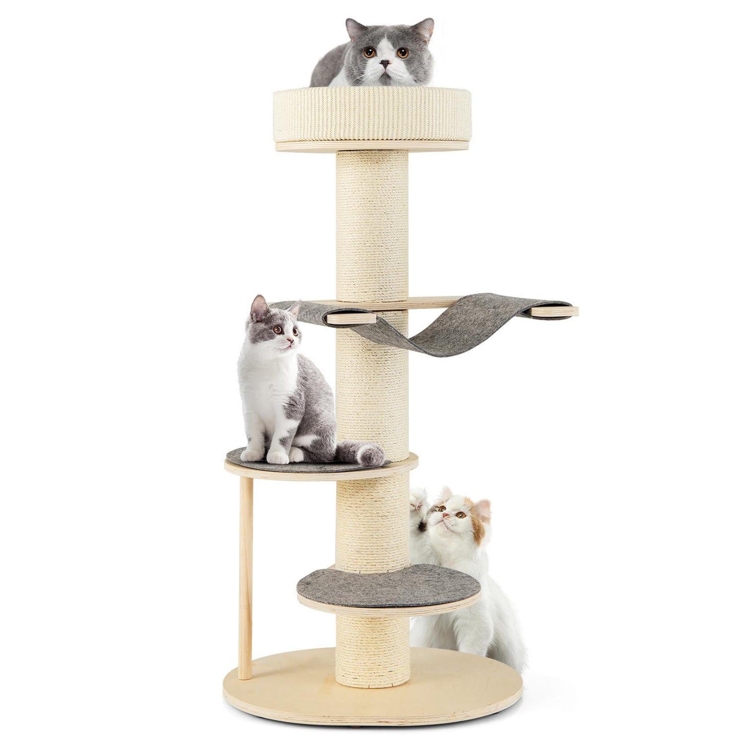 GYMAX Wooden Cat Tree, 120cm Cat Climbing Tower with Thickened Sisal Scratching Posts, Sisal Carpet, Hammock, 2 Platforms & Removable Pad