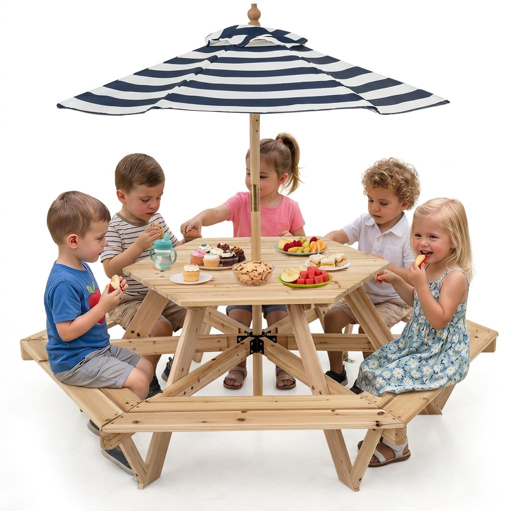 6 Seat Kids Picnic Bench Set with Removable Adjustable Umbrella