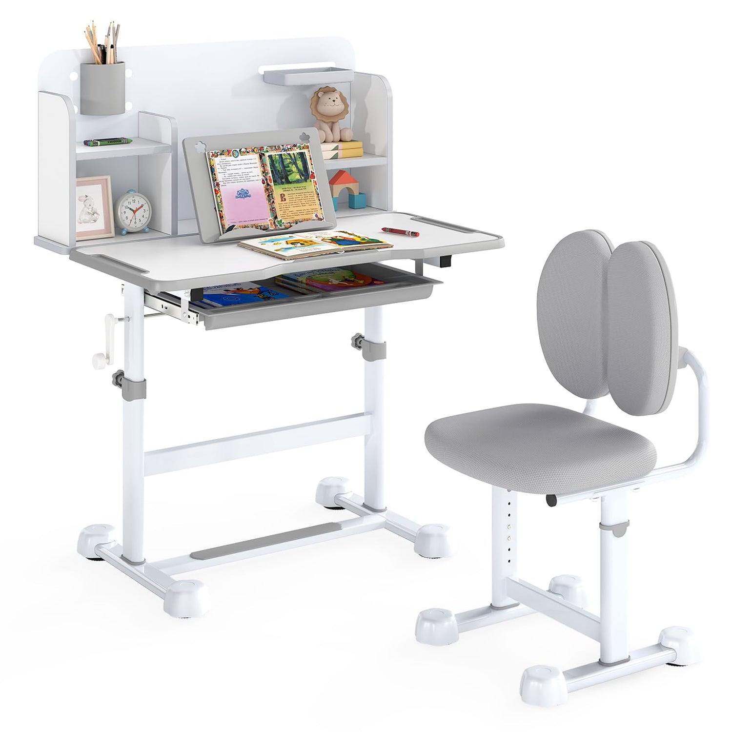 Kid's Study Desk and Chair Set with Tilt Desktop and Footrest Bar