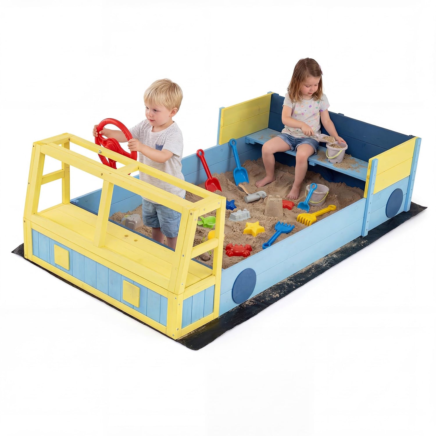 Kids Sandbox, 170 x 100cm Wooden Sand Pit with Bench Seat, Bottom Liner