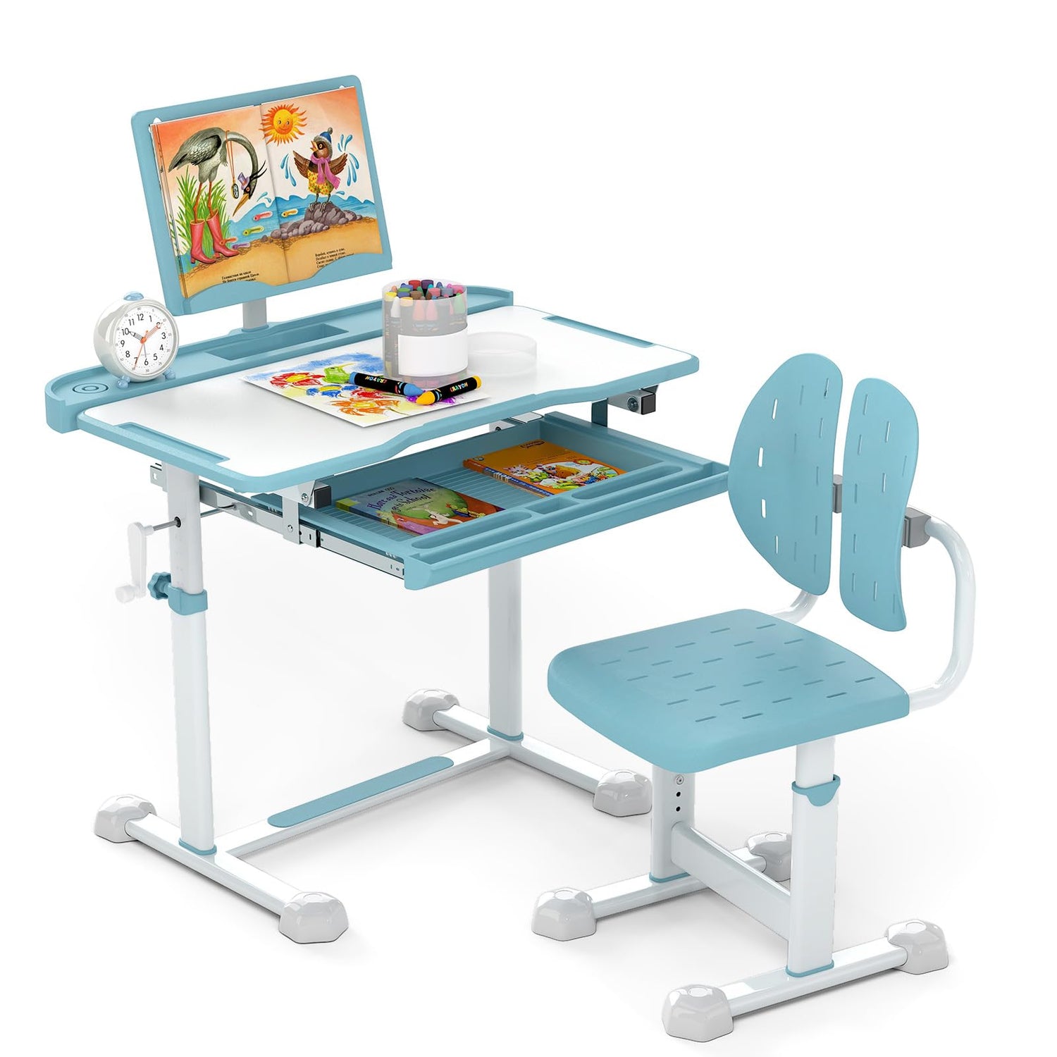 Height-Adjustable Kid's Study Desk and Chair Set with Tilt Desktop and Footrest Bar
