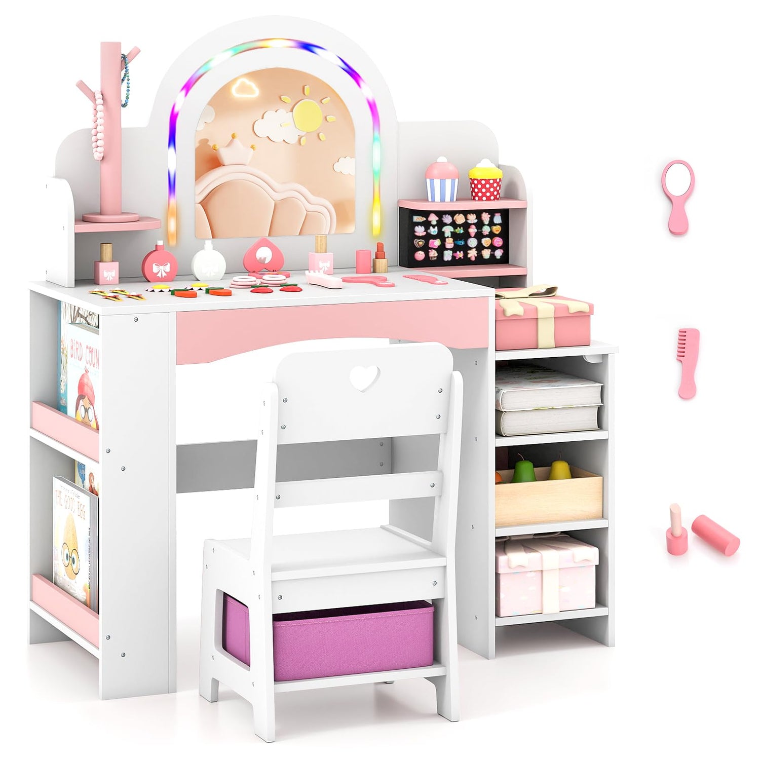 Kids Vanity Desk with Mirror and Open Storage Shelves