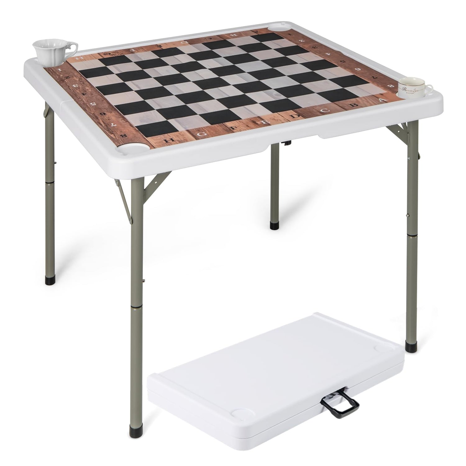 GYMAX 90 CM Folding Chess Table with Cup Holders and Removable Mat
