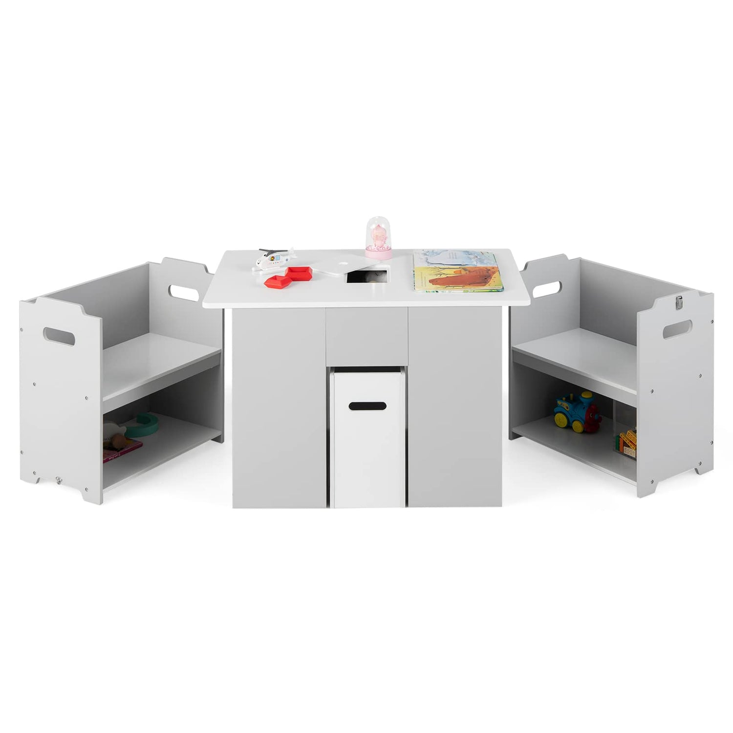 GYMAX Kids Table and Chair Set, 4 in 1 Children Activity Desk with 2 Stackable Chairs, Removable Lid & Storage Bin