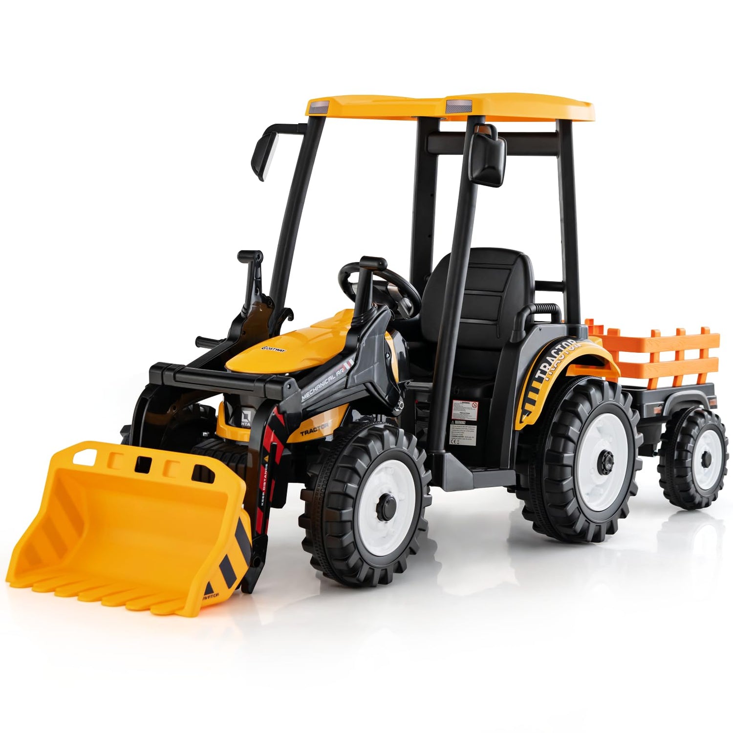 GYMAX Kids Ride On Tractor, 12V Children Electric Car with Remote Control, Detachable Trailer, Adjustable Bucket, USB, Music