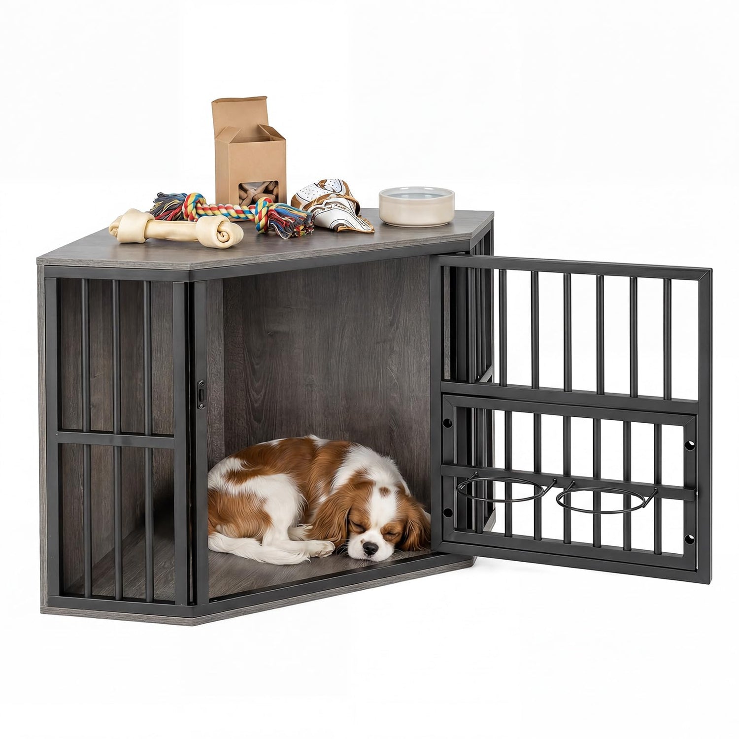 Wooden Dog House with 3-Level Adjustable Dog Bowl Rack