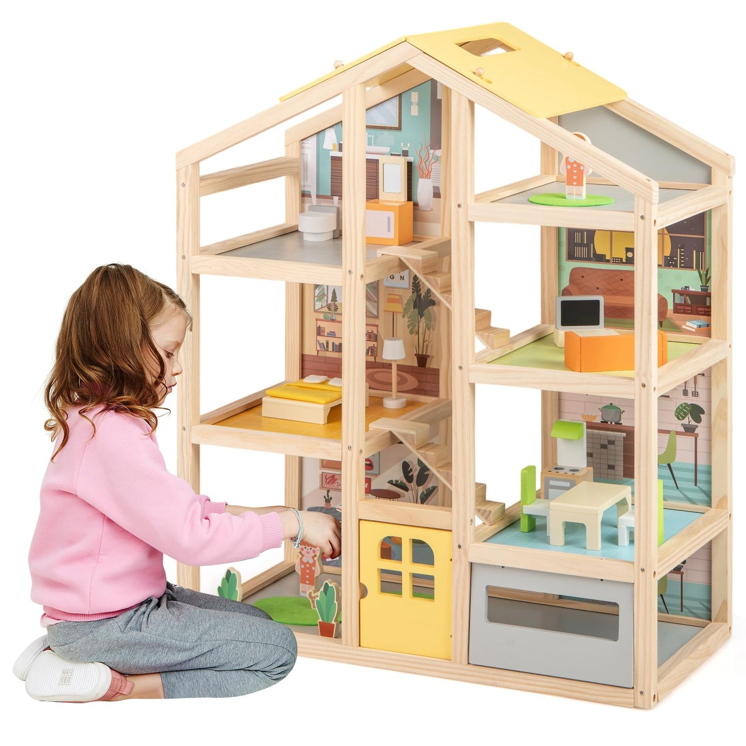 Kids Wooden Dollhouse with 7 Rooms and 18 Pcs Furniture Accessories