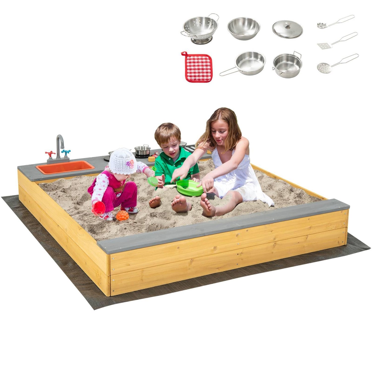 GYMAX Wooden Kids Sandbox, 135x125cm Children Sandpit with Bottom Liner, Cooking Area, Bench Seat & Kitchen Accessories