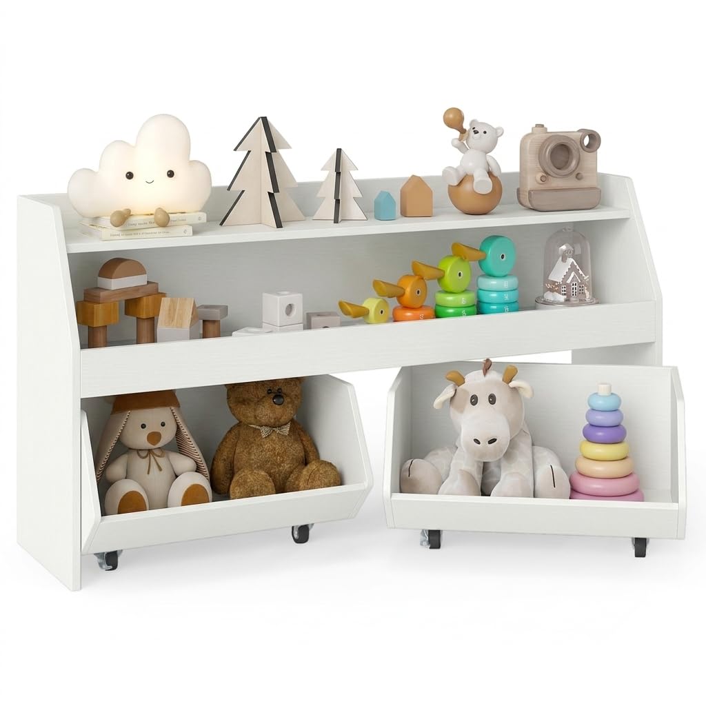 Wooden Children Bookshelf with 2 Drawers on Wheels