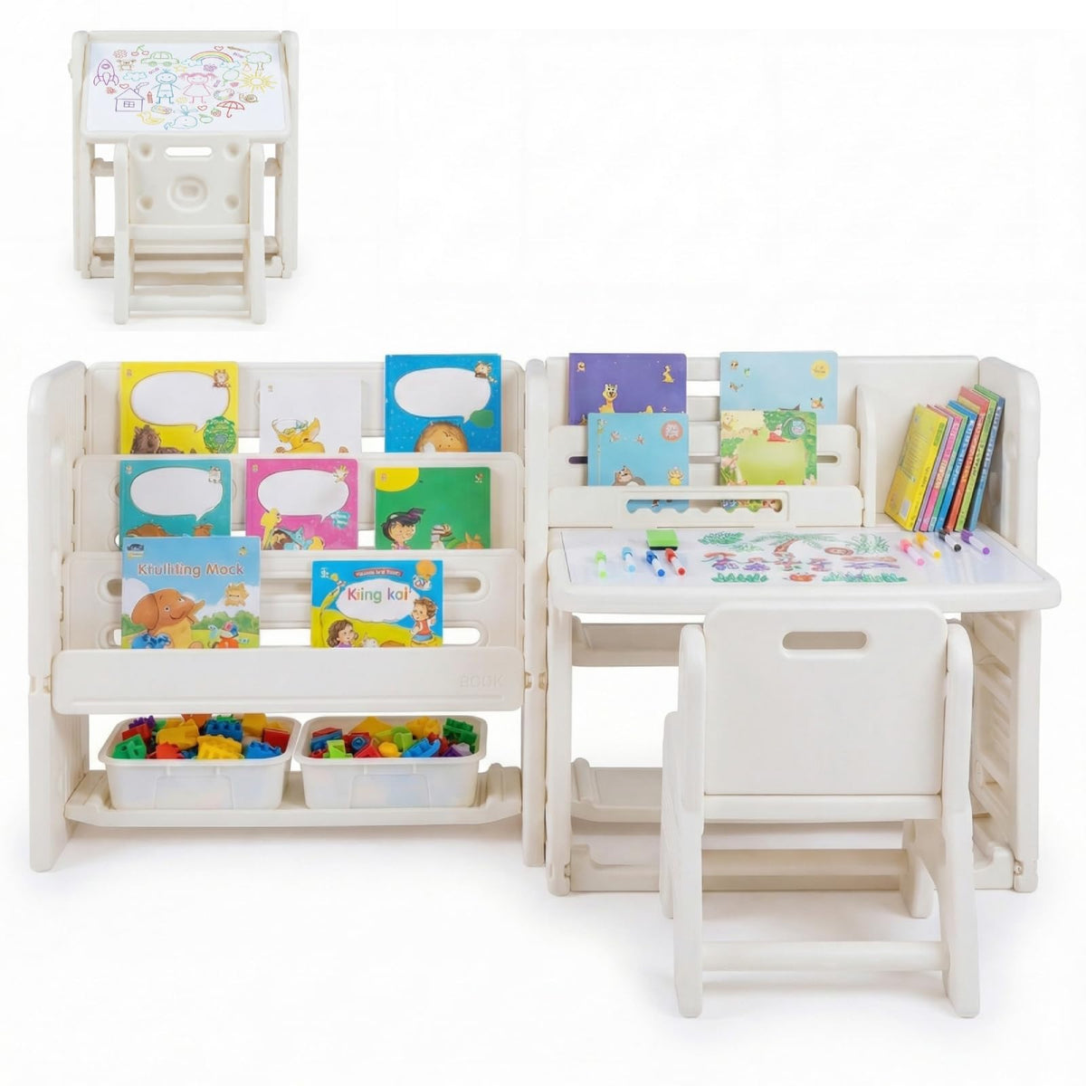 4 in 1 Kids Table & Chair with Side Bookshelf, Erasable Whiteboard