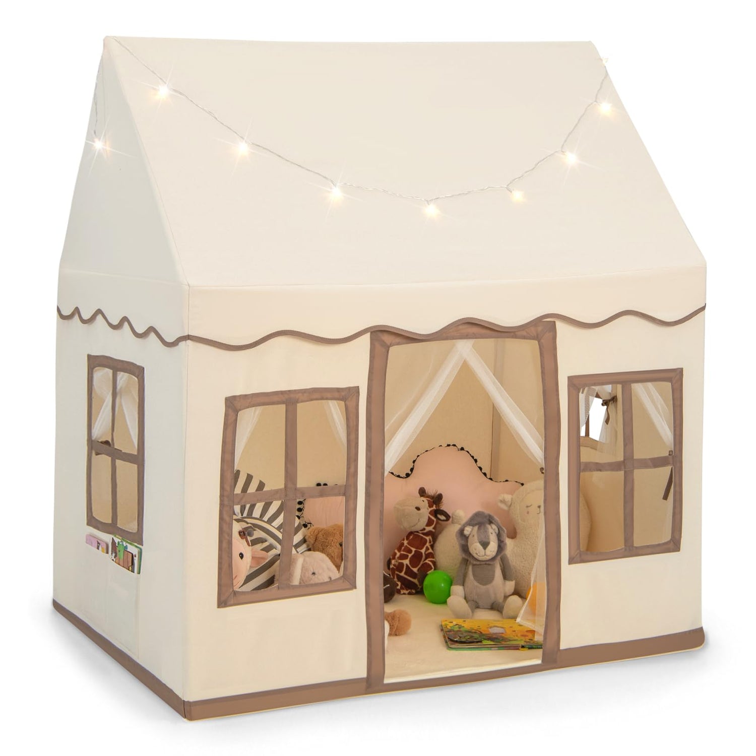 GYMAX Kids Tent, Indoor Children Playhouse with Washable Mat, Star Lights & Windows