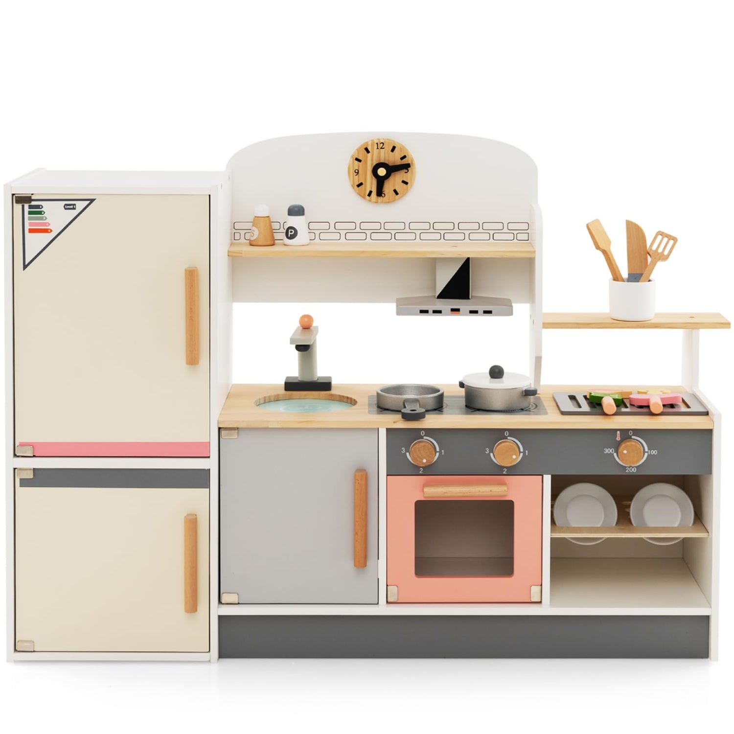 GYMAX Large Kids Kitchen, Wooden Play Kitchen with BBQ Grill, Refrigerator, Range Hood, Oven, Faucet, Sink, Sound & 16 Accessories