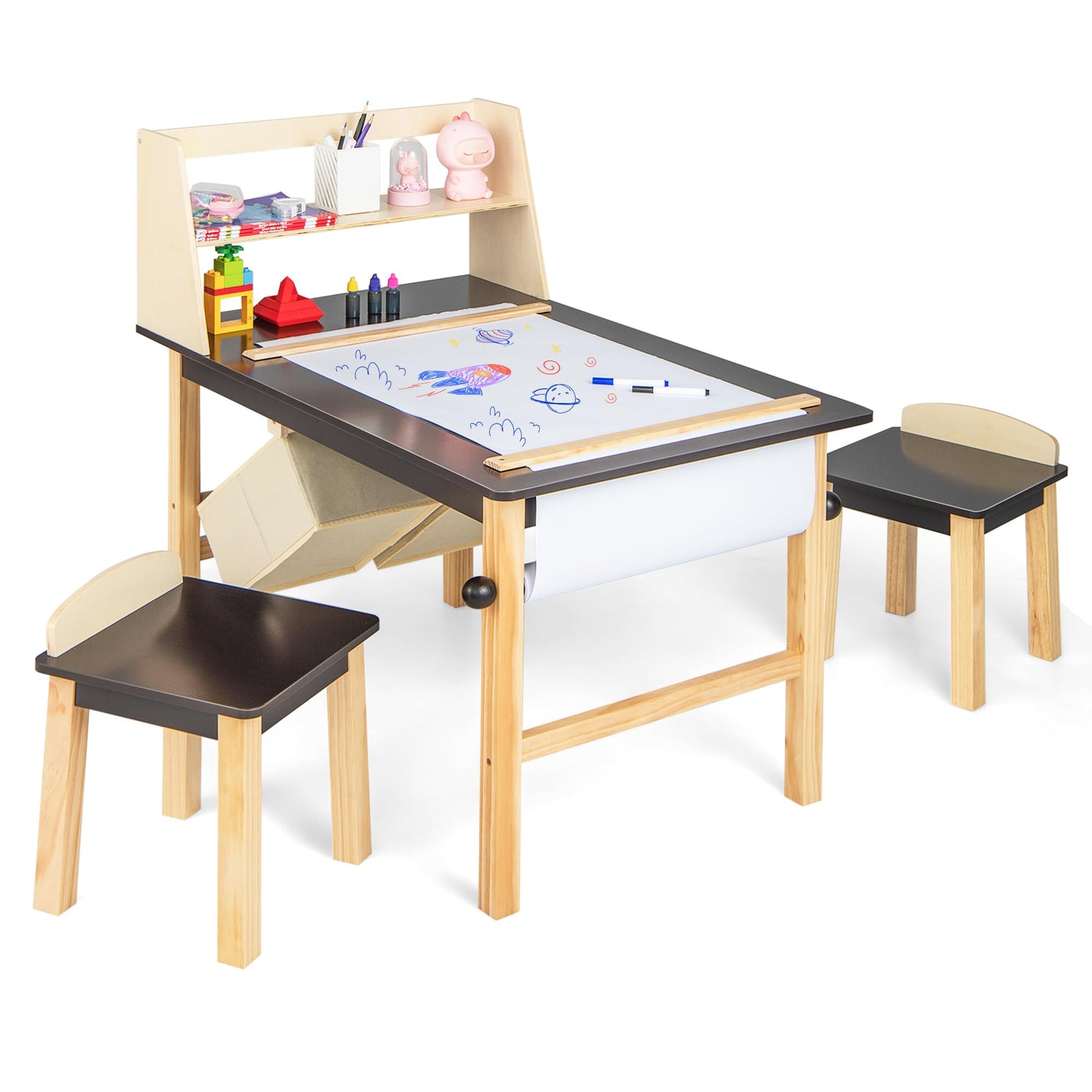 GYMAX Kids Table and Chair Set, Wooden Children Art Table with 2 Chairs, 2-Tier Open Shelf, 2 Storage Bins